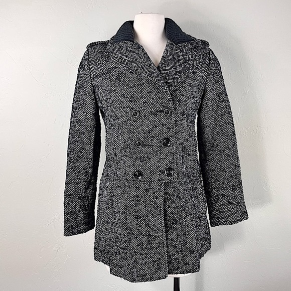 Guess Herringbone Wool Blend Pea Coat Black and White Size Large - Picture 1 of 9
